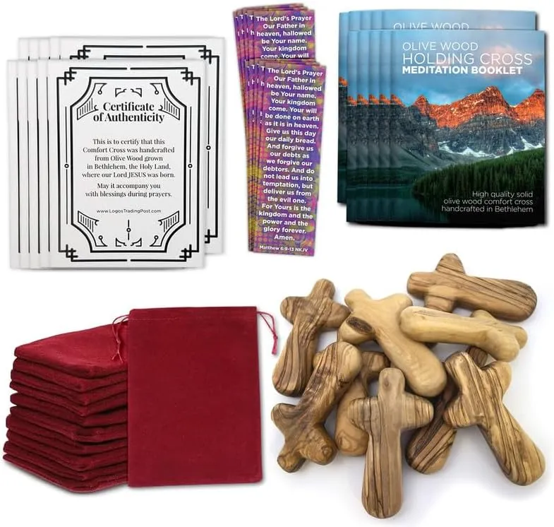 10 Certified Holy Land Olive Wood Handheld Comfort Cross from Israel. Large 4.25". Velvet Bag, Meditation Booklet, Lord's Prayer Bookmark and Certificate of Authenticity Included. Clinging Palm Cross