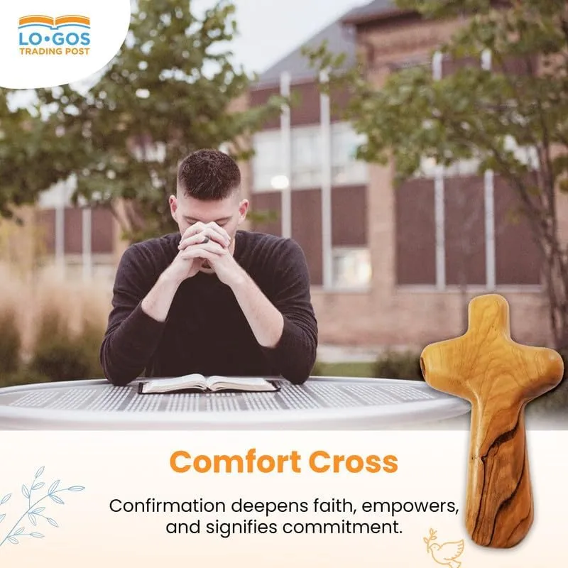 10 Certified Holy Land Olive Wood Handheld Comfort Cross from Israel. Large 4.25". Velvet Bag, Meditation Booklet, Lord's Prayer Bookmark and Certificate of Authenticity Included. Clinging Palm Cross