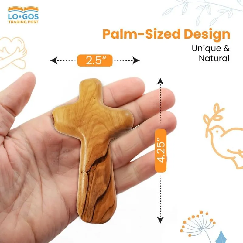 10 Certified Holy Land Olive Wood Handheld Comfort Cross from Israel. Large 4.25". Velvet Bag, Meditation Booklet, Lord's Prayer Bookmark and Certificate of Authenticity Included. Clinging Palm Cross