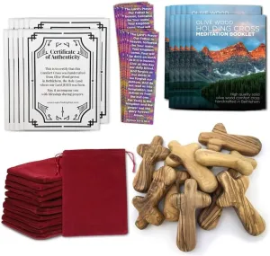 10 Certified Holy Land Olive Wood Handheld Comfort Cross from Israel. Large 4.25". Velvet Bag, Meditation Booklet, Lord's Prayer Bookmark and Certificate of Authenticity Included. Clinging Palm Cross
