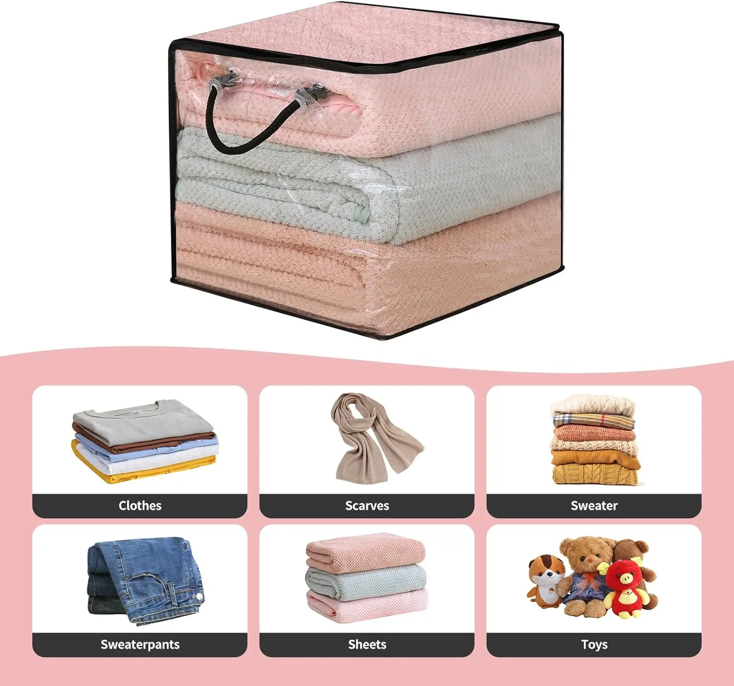 10 PCS Clear Zippered Storage Bags with Handles,Sweater Storage with Two-Way Zipper,Foldable Closet Organizer Bed Sheet Organizer,Cube Plastic Storage Organizer,Bag,Bin for Clothes,Towel-BK