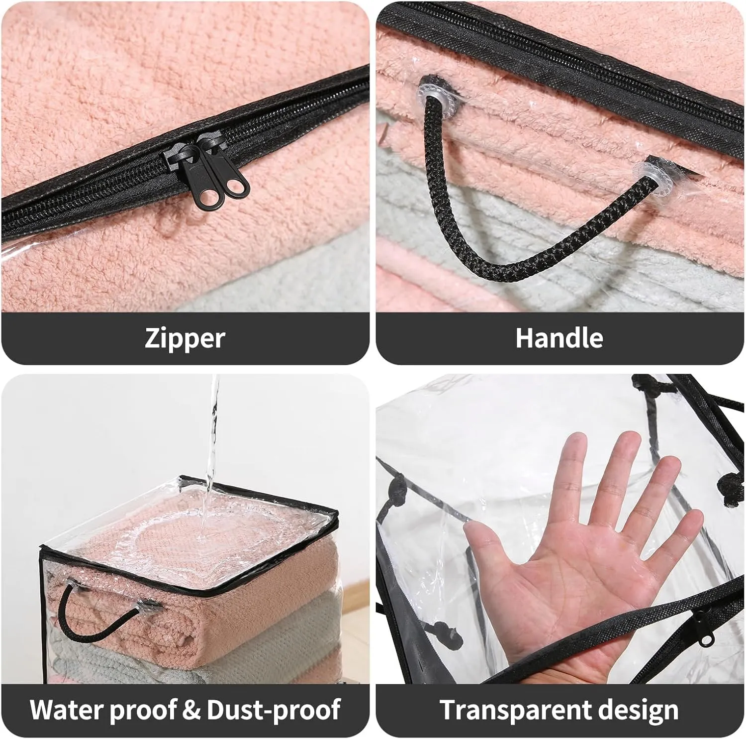 10 PCS Clear Zippered Storage Bags with Handles,Sweater Storage with Two-Way Zipper,Foldable Closet Organizer Bed Sheet Organizer,Cube Plastic Storage Organizer,Bag,Bin for Clothes,Towel-BK