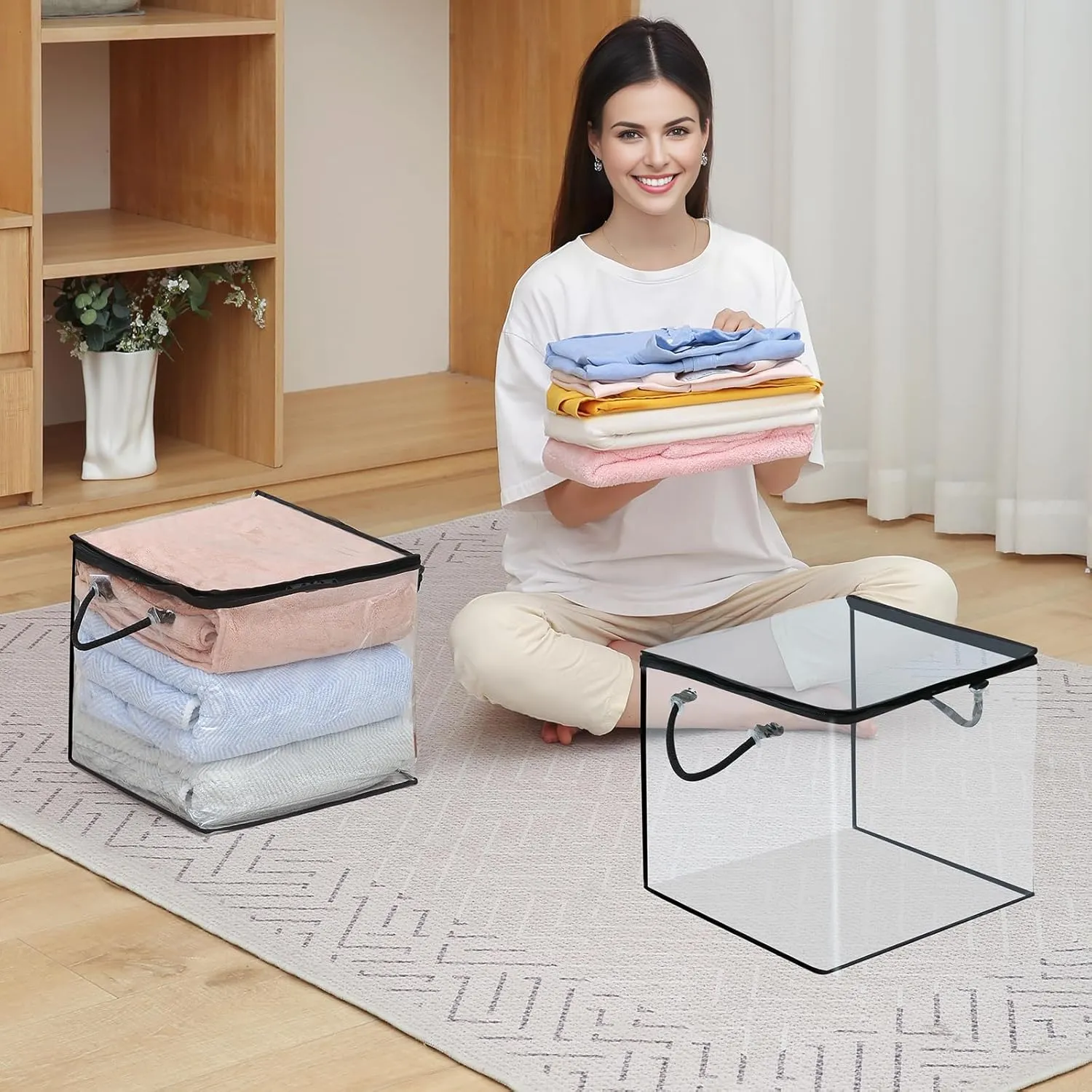 10 PCS Clear Zippered Storage Bags with Handles,Sweater Storage with Two-Way Zipper,Foldable Closet Organizer Bed Sheet Organizer,Cube Plastic Storage Organizer,Bag,Bin for Clothes,Towel-BK