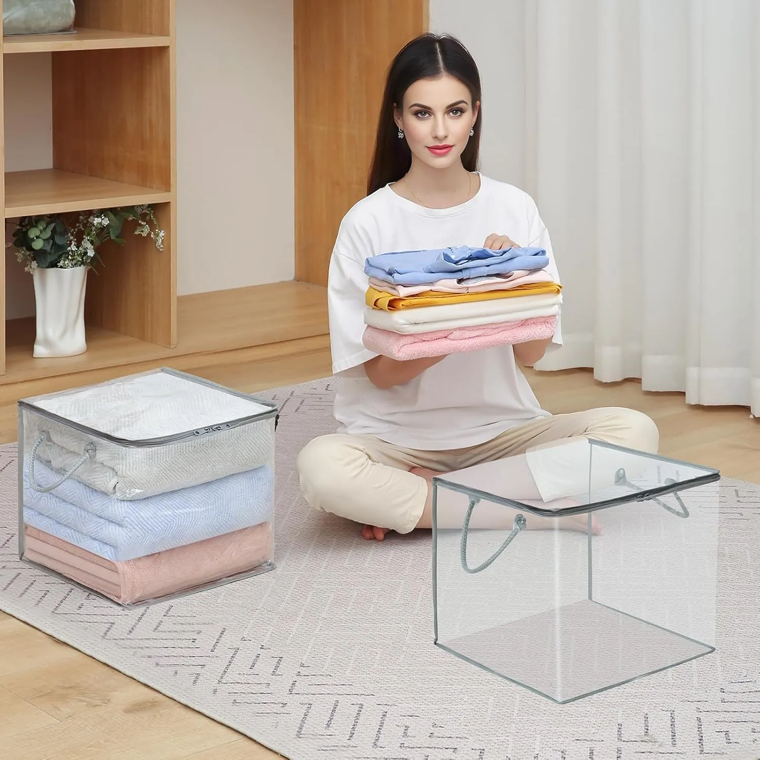 10 PCS Clear Zippered Storage Bags with Handles,Sweater Storage with Two-way Zipper,Foldable Closet Organizer Bed Sheet Organizer,Cube Plastic Storage Organizer,Bag,Bin,for Clothes,Towel-GY