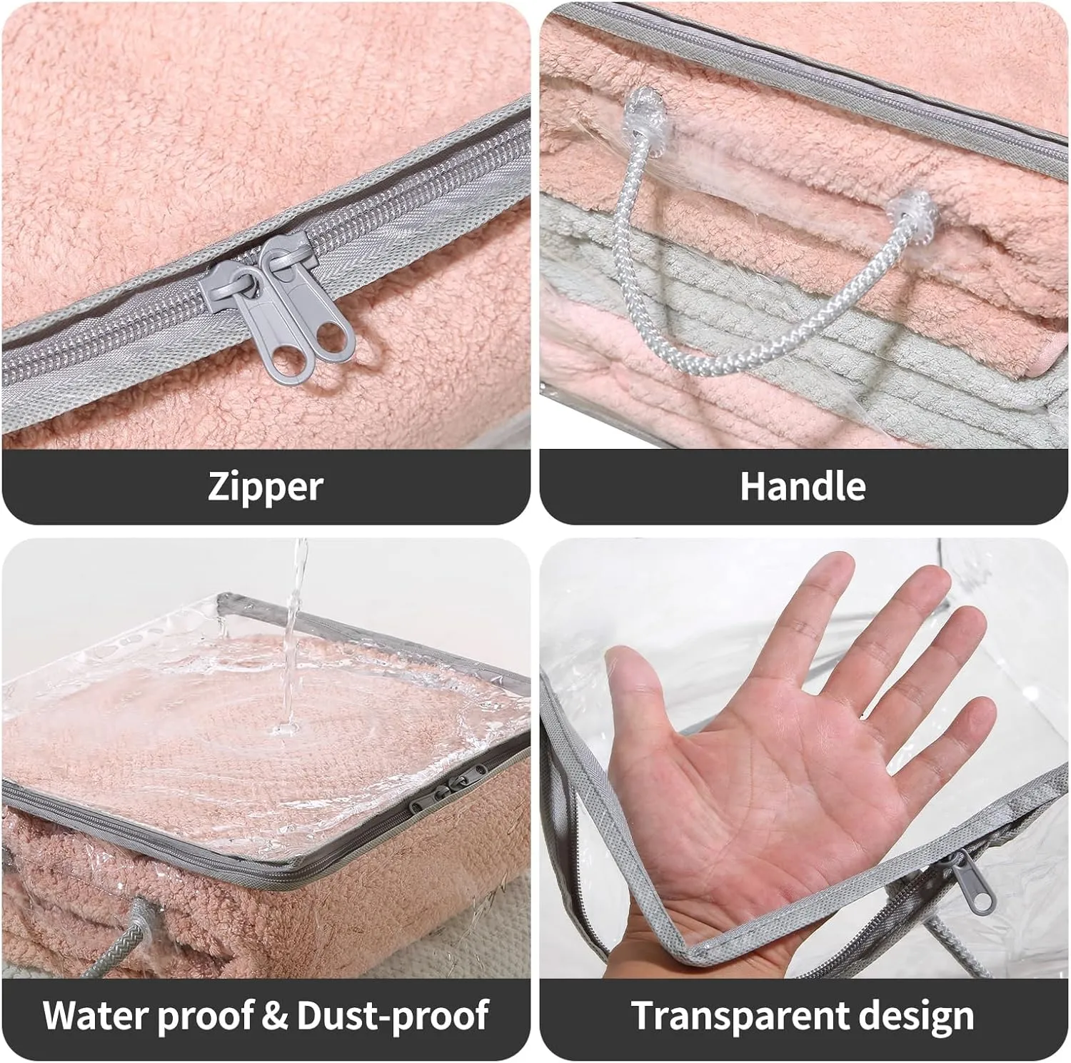 10 PCS Clear Zippered Storage Bags with Handles,Sweater Storage with Two-way Zipper,Foldable Closet Organizer Bed Sheet Organizer,Cube Plastic Storage Organizer,Bag,Bin,for Clothes,Towel-GY
