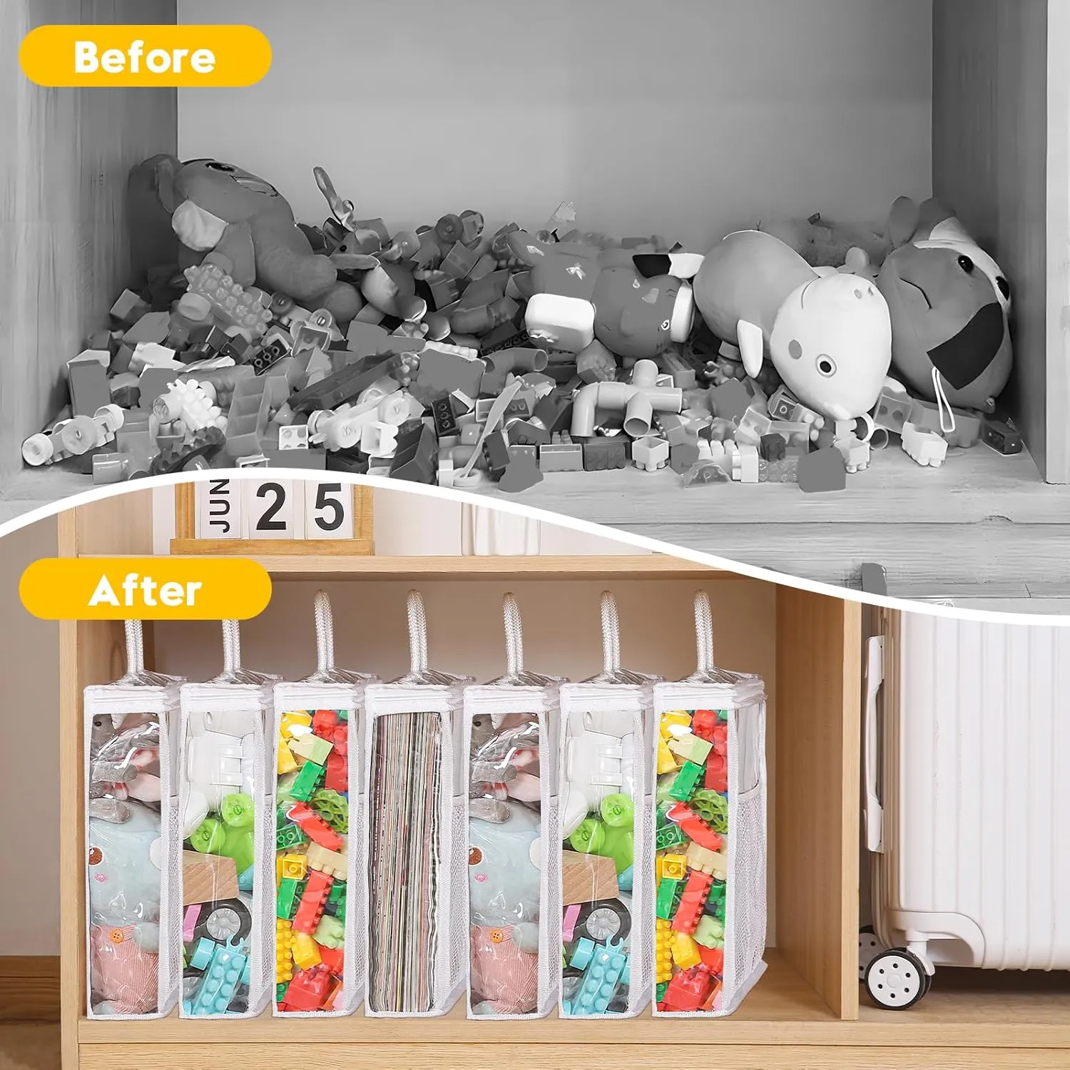 10 PCS Clear Zippered Toy Storage Bags with handle, Kids Toy Storage Organizer with Mesh Pocket for Instructions, Playroom Organizer Plastic Bags for Blocks Set Puzzles-White