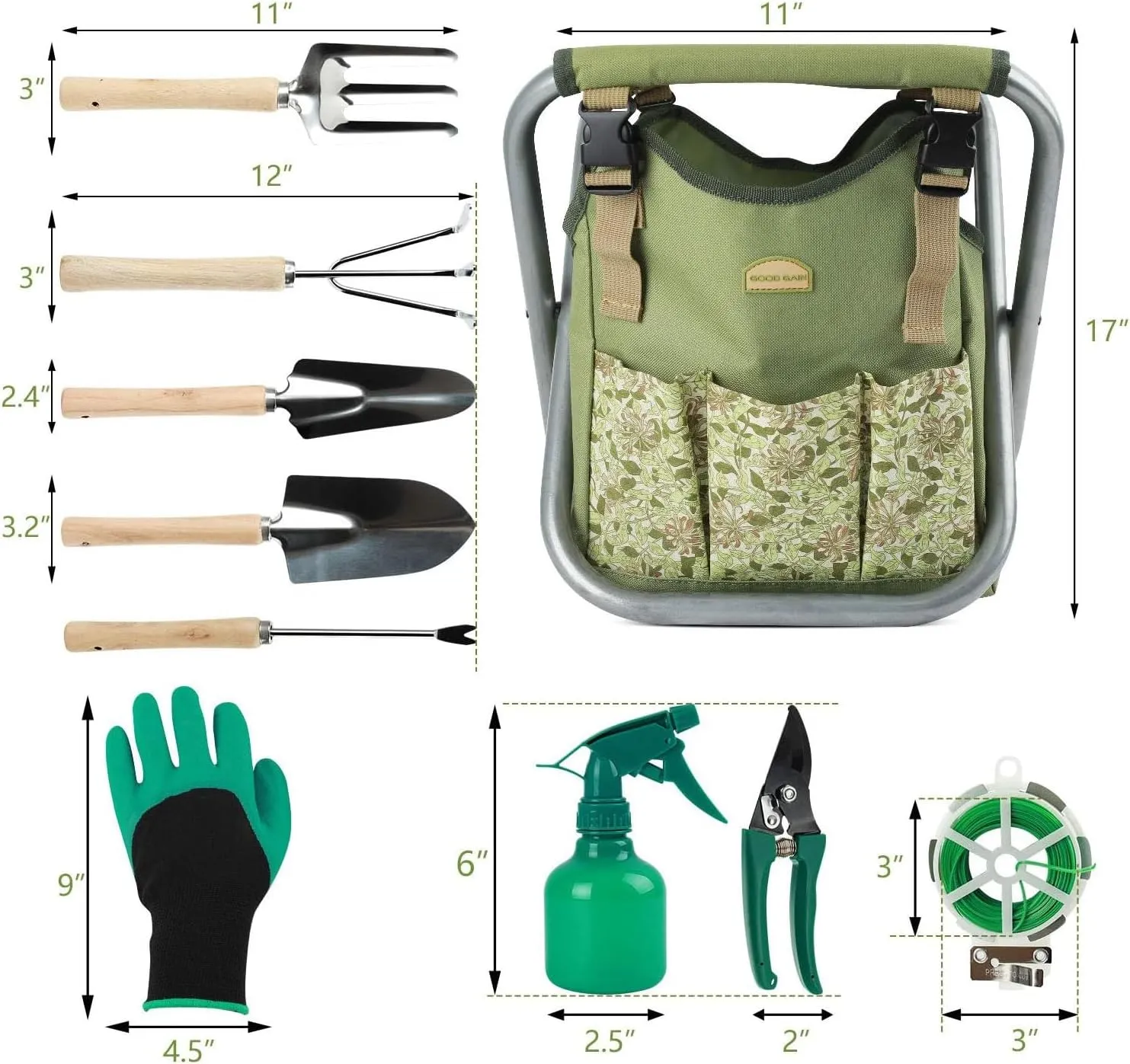 12 pcs Garden Tools Stool, Gardening Hand Tools Set with Folding Chair Seat and Garden Storage Tote Bag, Garden Tools Carrier, Digging, Gardening Gifts Set for Mom/Dad and Gardeners. Green