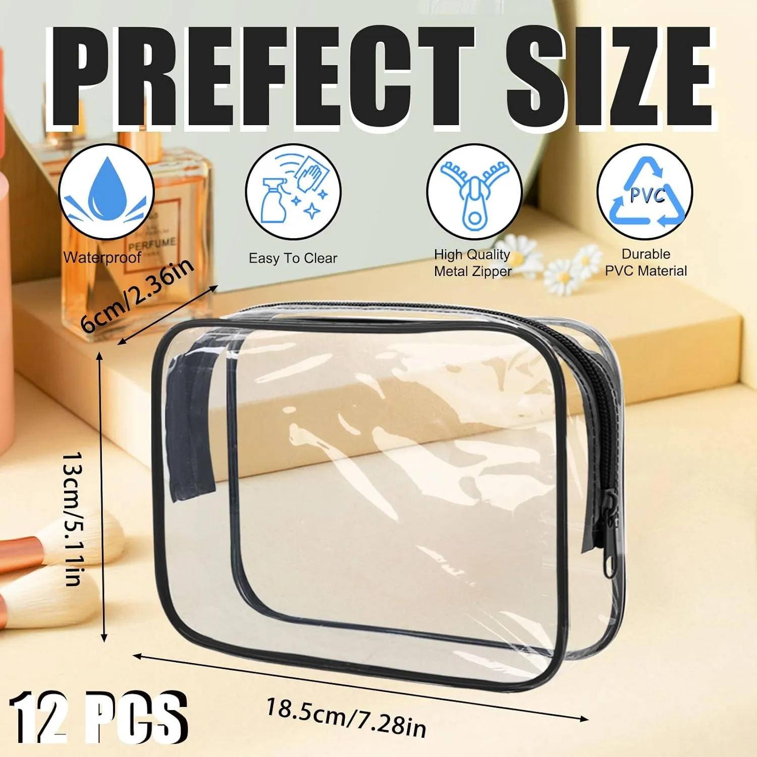 12 Pcs PVC Waterproof Zippered Toiletry Bag - Clear Carry Pouch Cosmetic Makeup Bag TSA Approved for Travel - Medium, Black