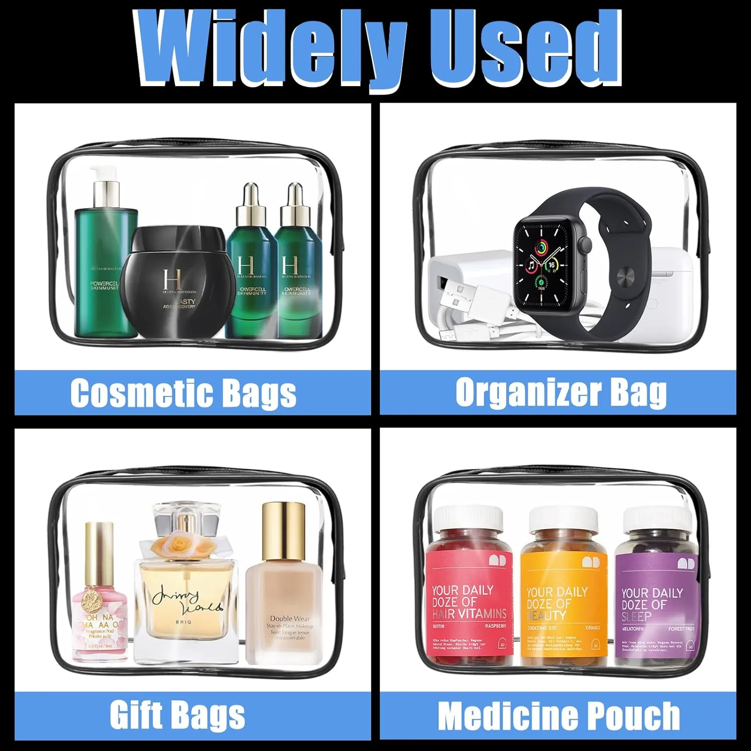 12 Pcs PVC Waterproof Zippered Toiletry Bag - Clear Carry Pouch Cosmetic Makeup Bag TSA Approved for Travel - Medium, Black