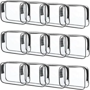 12 Pcs PVC Waterproof Zippered Toiletry Bag - Clear Carry Pouch Cosmetic Makeup Bag TSA Approved for Travel - Medium, Black