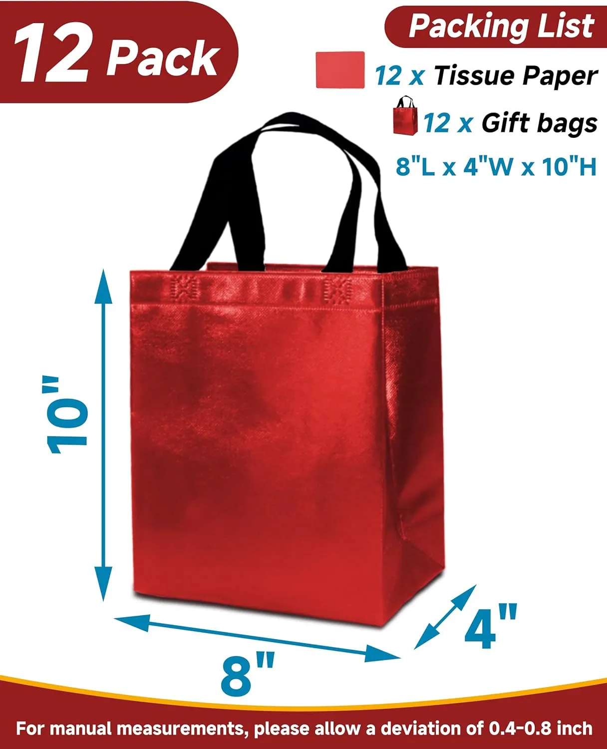12 Red Gift Bags with Tissues - Medium Sturdy Reusable, Glossy Metallic Non Woven 8x4x10 for Christmas, Graduations, Valentine's Day, Birthdays & Parties