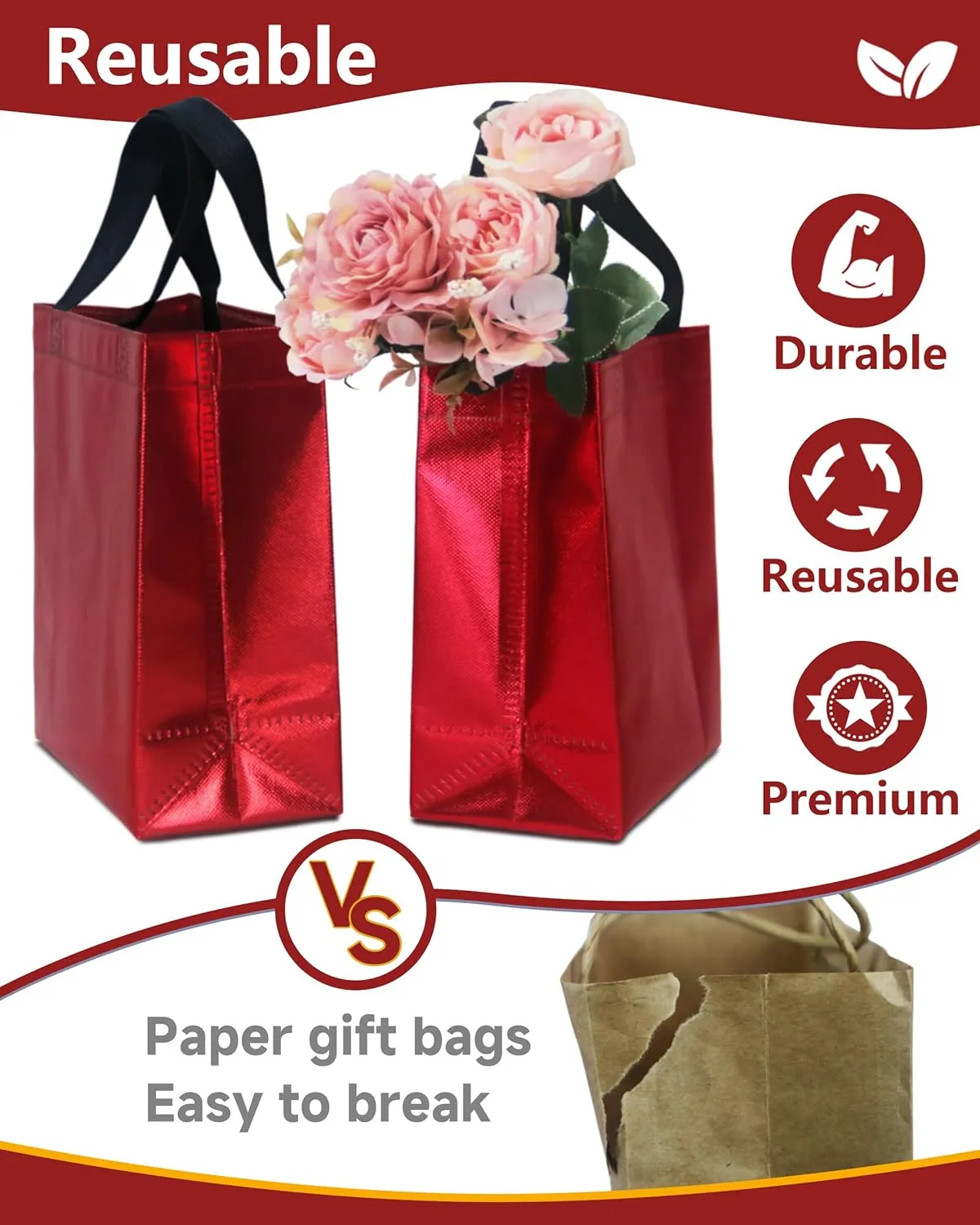 12 Red Gift Bags with Tissues - Medium Sturdy Reusable, Glossy Metallic Non Woven 8x4x10 for Christmas, Graduations, Valentine's Day, Birthdays & Parties