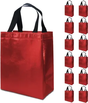 12 Red Gift Bags with Tissues - Medium Sturdy Reusable, Glossy Metallic Non Woven 8x4x10 for Christmas, Graduations, Valentine's Day, Birthdays & Parties