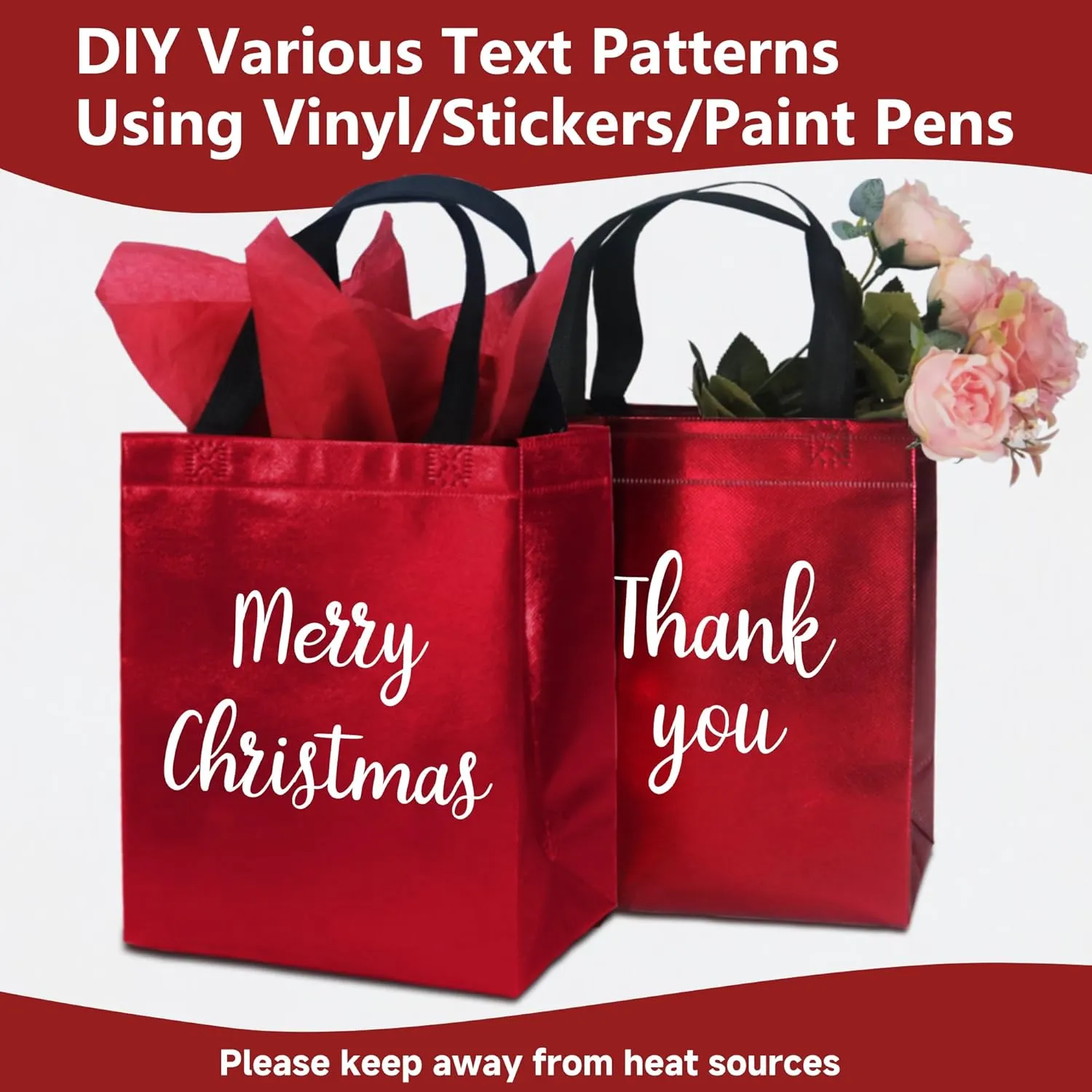 12 Red Gift Bags with Tissues - Medium Sturdy Reusable, Glossy Metallic Non Woven 8x4x10 for Christmas, Graduations, Valentine's Day, Birthdays & Parties