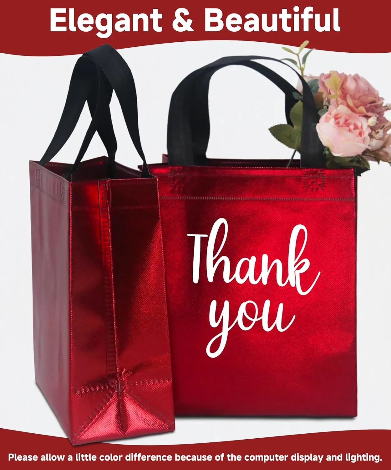 12 Red Gift Bags with Tissues - Medium Sturdy Reusable, Glossy Metallic Non Woven 8x4x10 for Christmas, Graduations, Valentine's Day, Birthdays & Parties