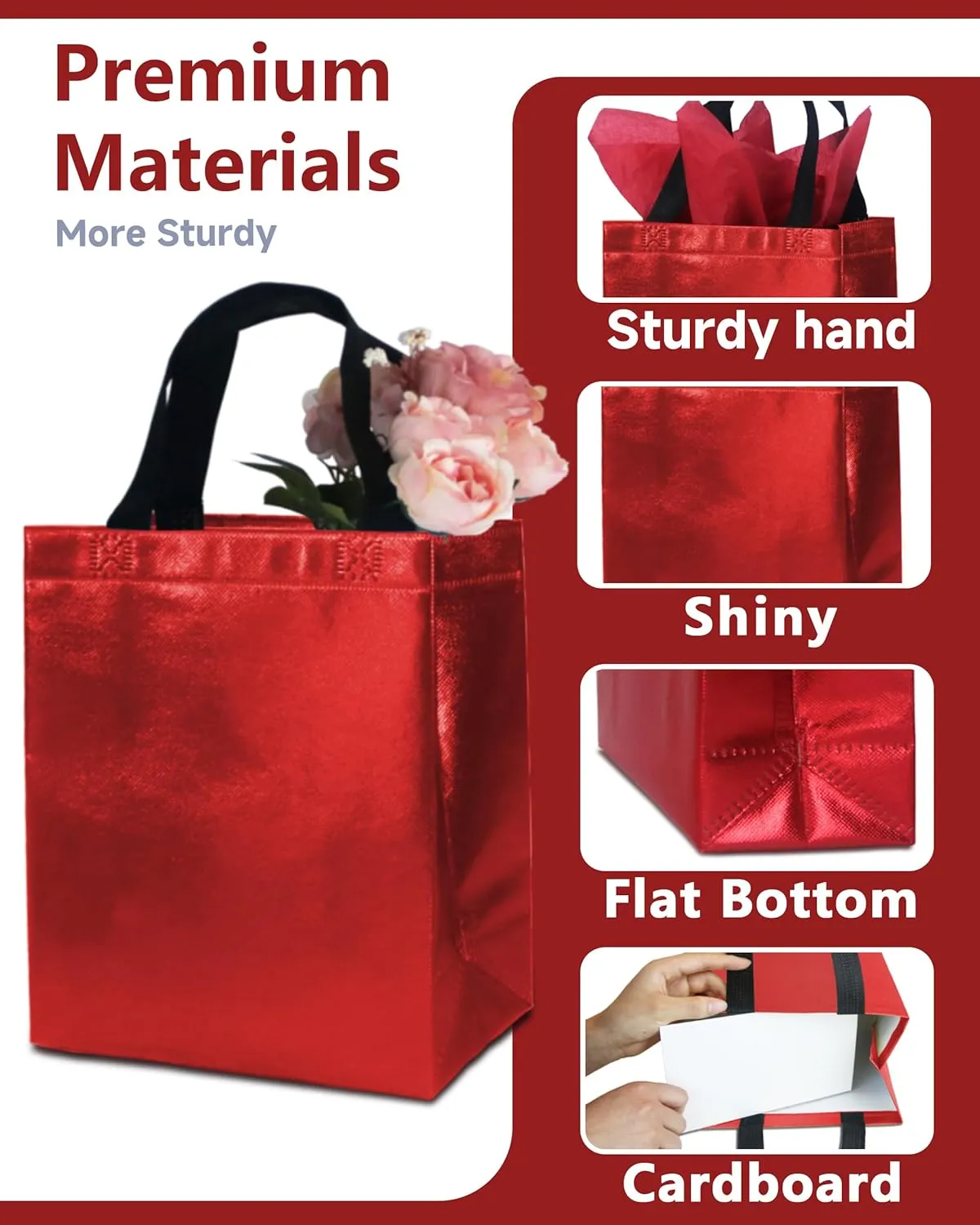 12 Red Gift Bags with Tissues - Medium Sturdy Reusable, Glossy Metallic Non Woven 8x4x10 for Christmas, Graduations, Valentine's Day, Birthdays & Parties