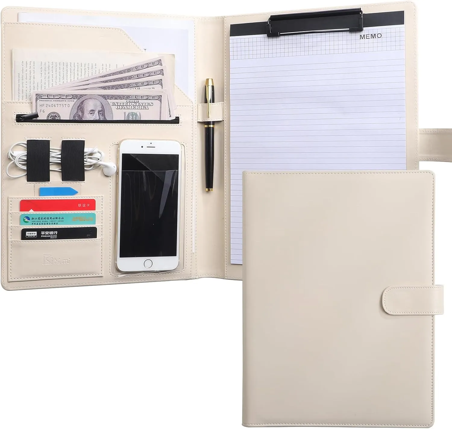 12.8 * 9.6 inch Portfolio Case Business Padfolio, Smart Phone is Usable in Document Organizer, Conference File Folder with A4/Letter Size Clipboard and Notepad - Beige