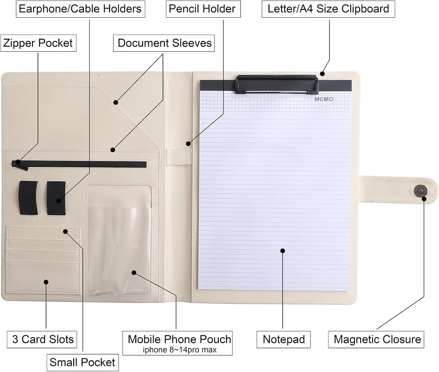 12.8 * 9.6 inch Portfolio Case Business Padfolio, Smart Phone is Usable in Document Organizer, Conference File Folder with A4/Letter Size Clipboard and Notepad - Beige