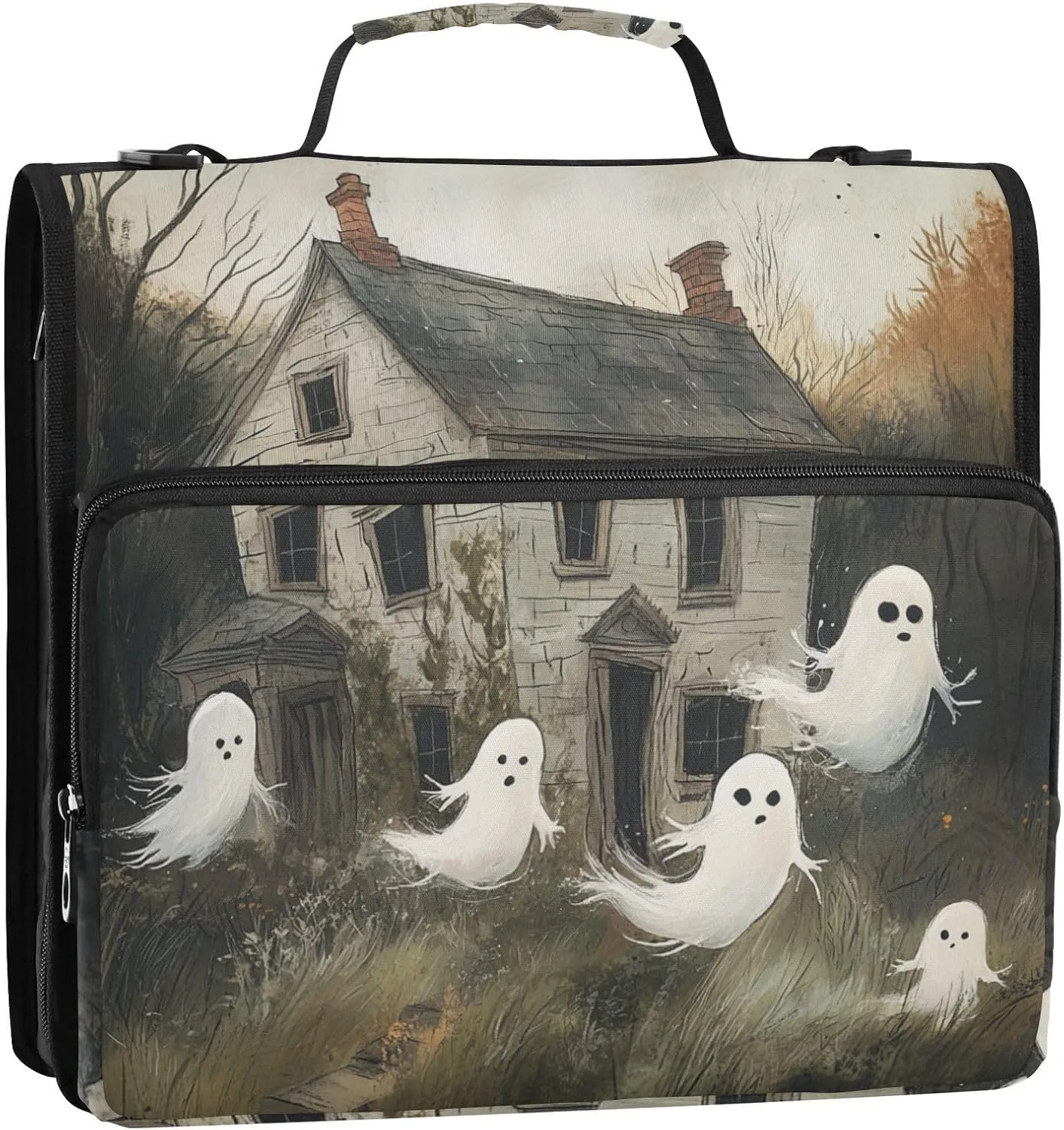 1.5 Inch 3 Rings Binder Organizer with Shoulder Strap & Handle Multiple Pockets Portfolio Binder Suitable for Middle School Ghosts are Floating Out of an Old Abandoned House