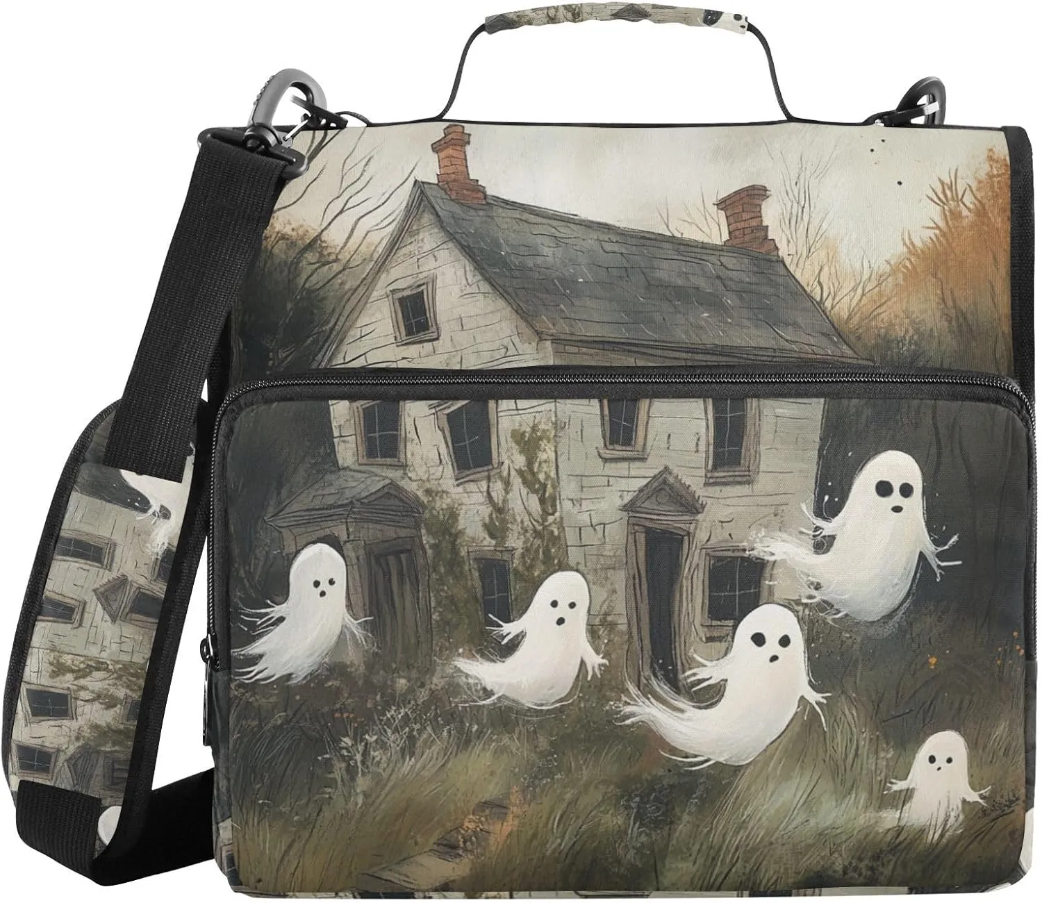 1.5 Inch 3 Rings Binder Organizer with Shoulder Strap & Handle Multiple Pockets Portfolio Binder Suitable for Middle School Ghosts are Floating Out of an Old Abandoned House