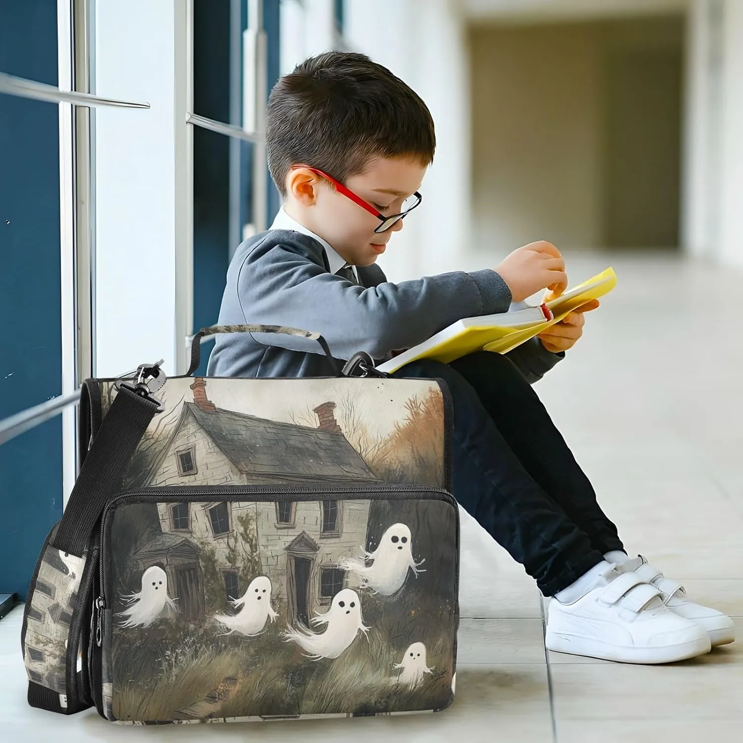 1.5 Inch 3 Rings Binder Organizer with Shoulder Strap & Handle Multiple Pockets Portfolio Binder Suitable for Middle School Ghosts are Floating Out of an Old Abandoned House