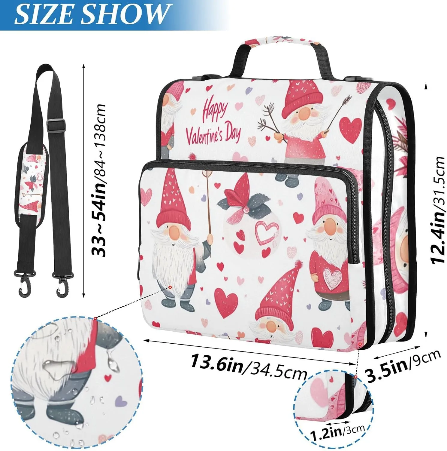 1.5 Inch 3 Rings Zipper Binder with Handle Laege Capacity Portable Portfolio for School/Office Valentine's Gnomes Heart Pink