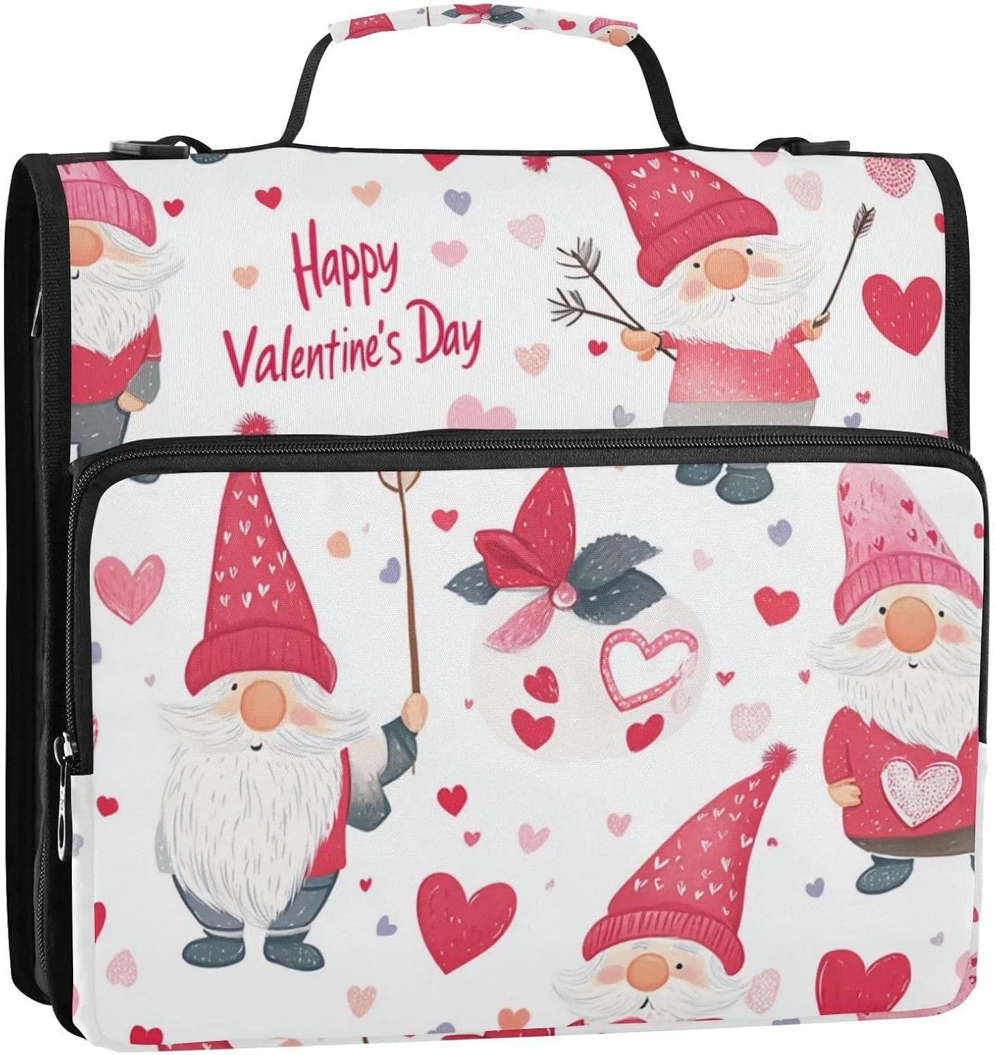 1.5 Inch 3 Rings Zipper Binder with Handle Laege Capacity Portable Portfolio for School/Office Valentine's Gnomes Heart Pink