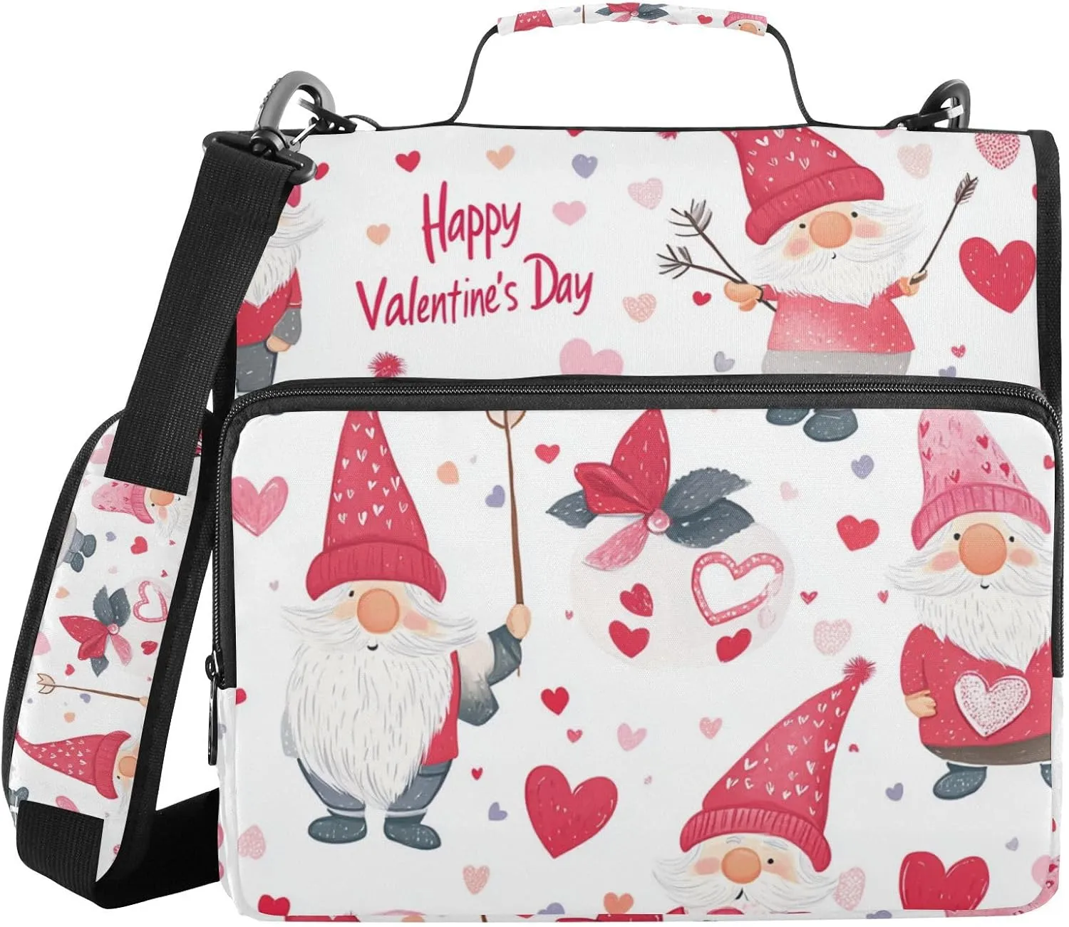 1.5 Inch 3 Rings Zipper Binder with Handle Laege Capacity Portable Portfolio for School/Office Valentine's Gnomes Heart Pink