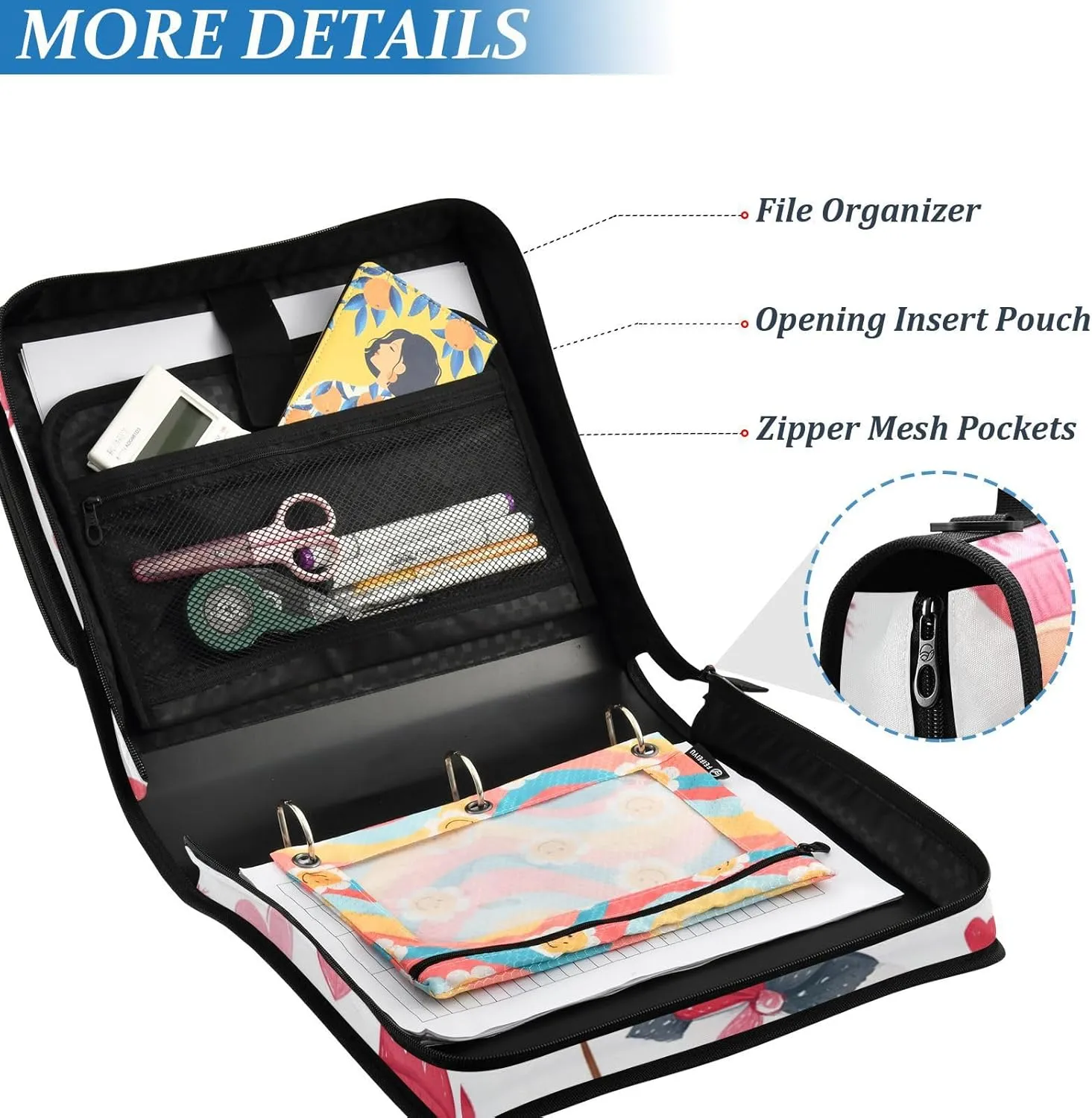 1.5 Inch 3 Rings Zipper Binder with Handle Laege Capacity Portable Portfolio for School/Office Valentine's Gnomes Heart Pink