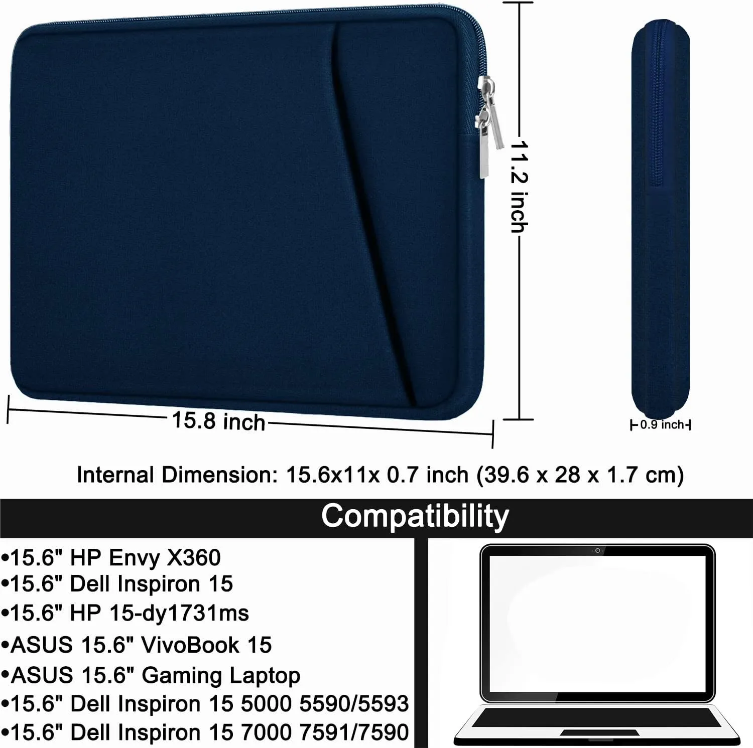 15.6 inch Laptop case, Durable Briefcase Shockproof Protective Sleeve, Handbags Portable Laptop Bag for 15.6 inch HP Dell Asus Lenovo Notebook Computer Cover with Front Pocket, Blue