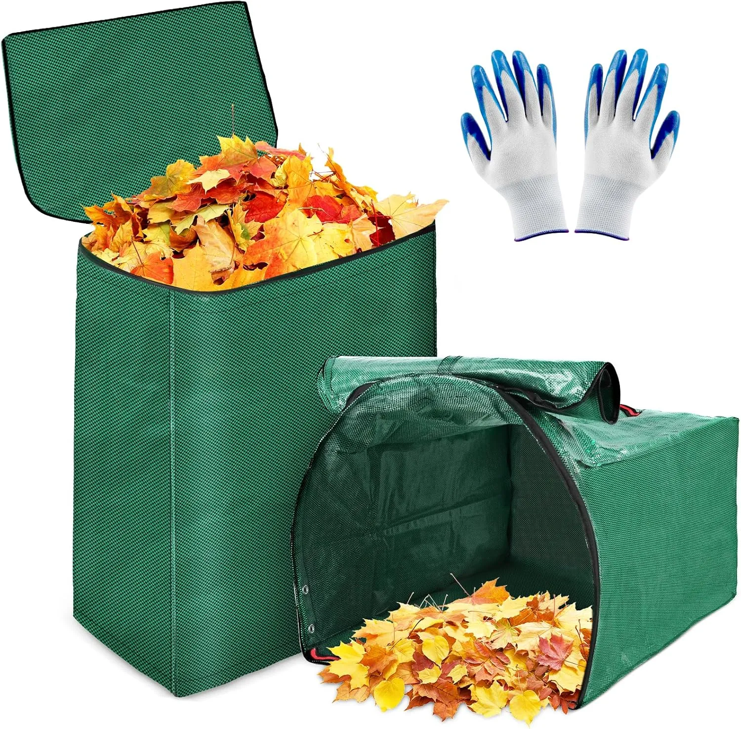 2 Pack 53 Gallons Yard Waste Bags, Reusable Heavy Duty Lawn and Leaf Bags with Lid & Gardening Gloves, Large Dustpan Lawn Bags, Collapsible Garden Waste Container for Leaves Grass Clippings Debris