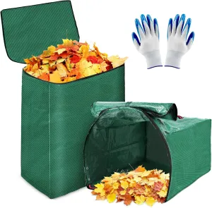 2 Pack 53 Gallons Yard Waste Bags, Reusable Heavy Duty Lawn and Leaf Bags with Lid & Gardening Gloves, Large Dustpan Lawn Bags, Collapsible Garden Waste Container for Leaves Grass Clippings Debris