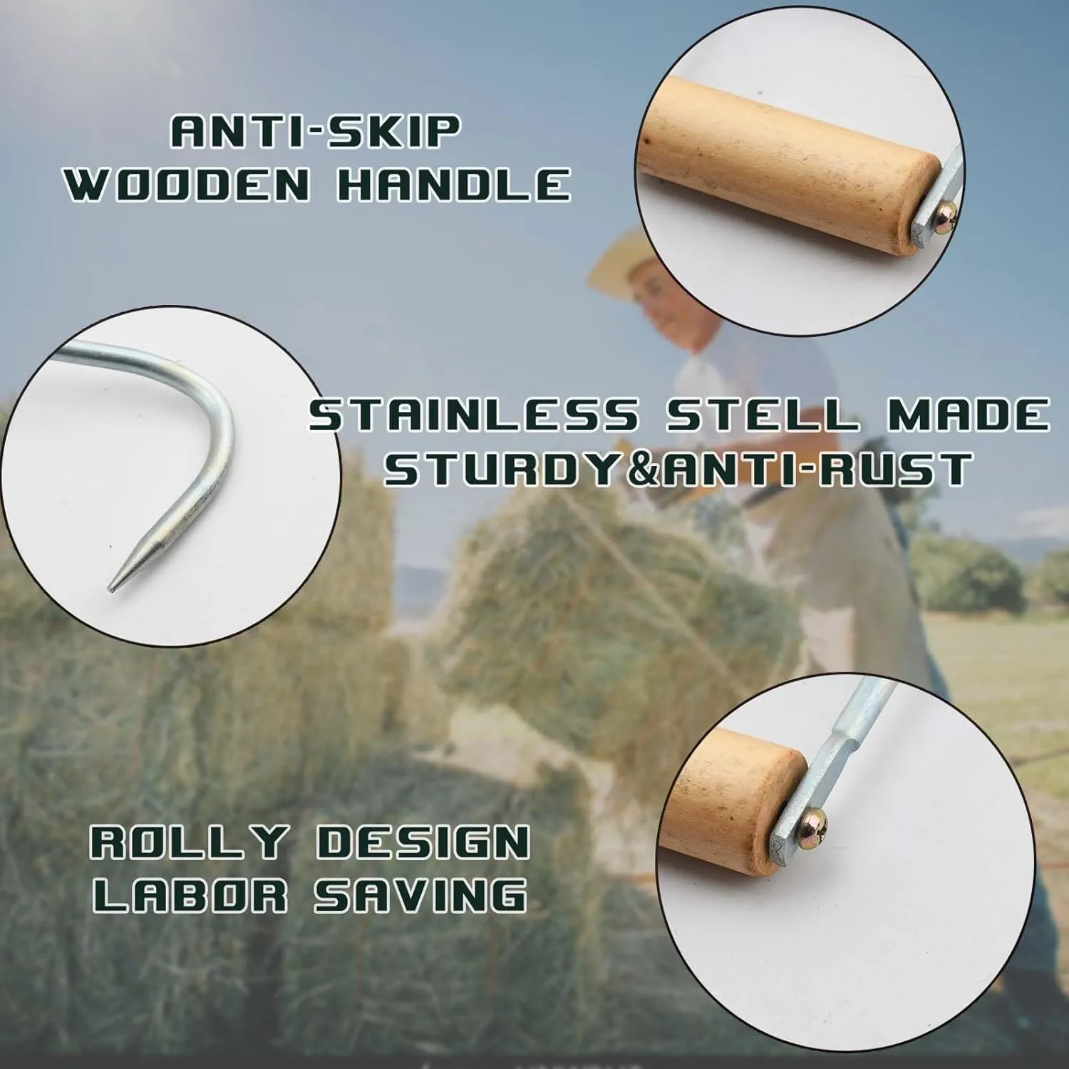 2 Pack Hay Hook,Metal Hay Hook with Wooden Handle,Perfect for Picking Up Hay Bales,12-1/4"