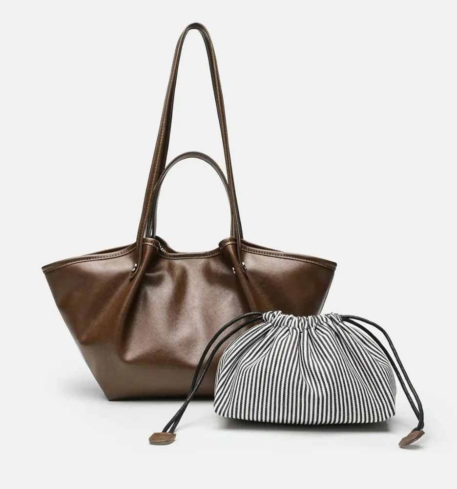 2 Pcs Tote Bag for Women 2025 Trendy Pleated Shoulder Bags PU Leather Work Travel Purses Ladies Top Handle Handbags