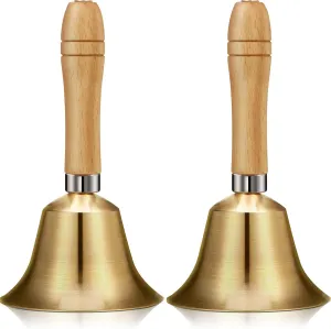 2 Pieces Solid Brass Hand Call Bells with Wooden Handle Ringing Handbells Loud Hand Held Service Animal Bell Decoration(3.15 x 3.15 x 5.9 Inch)