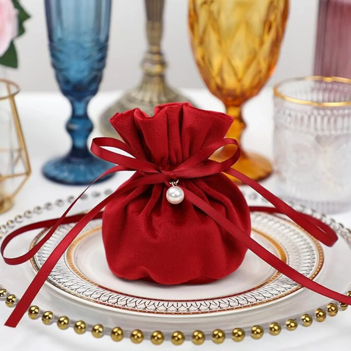20 Pcs Round Bottom Drawstring Velvet Gift Bags Jewelry Pouches with Pearl Bead,for Wedding Favors,Christmas,Party Favors,Birthday,Red wine