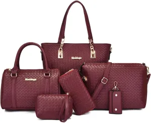 2025 Fashionable Woven Pattern 6-Piece Bag Set Trendy and Versatile Handbag Set for Women
