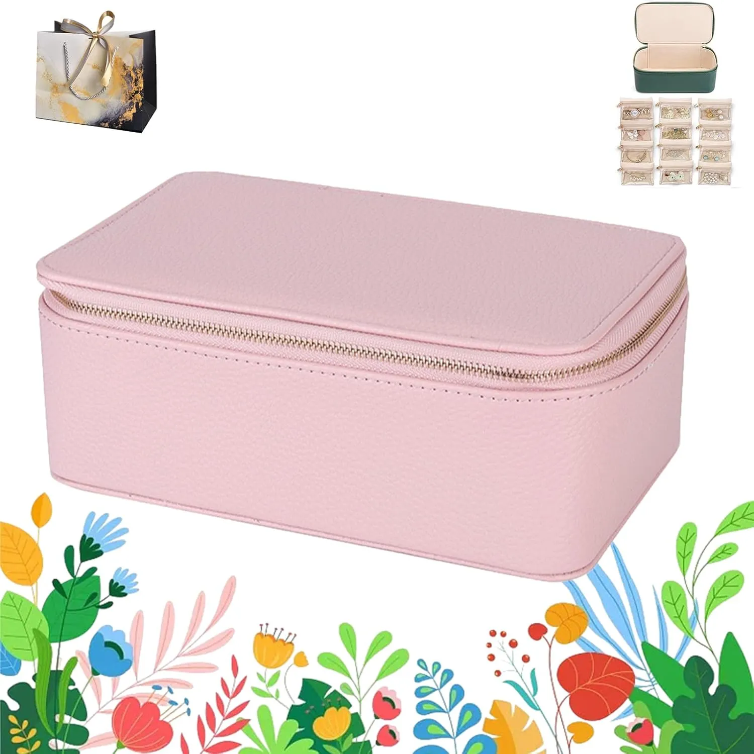 2025 New Travel Jewelry Box with Small Pouches, Portable PU Leather Jewelry Organizer Box, Mini Jewelry Travel Case, For Earring, Necklace, Rings, Bracelets (Pink, 12 Pouches)