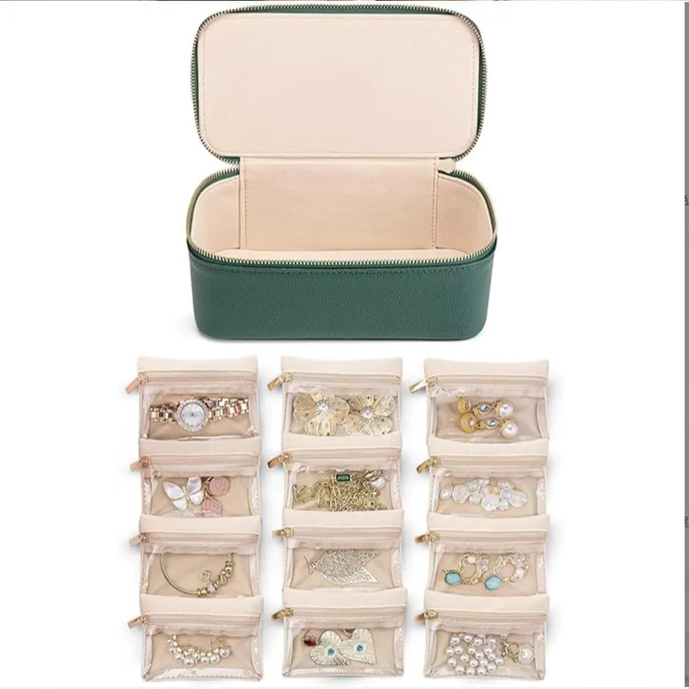 2025 New Travel Jewelry Box with Small Pouches, Portable PU Leather Jewelry Organizer Box, Mini Jewelry Travel Case, For Earring, Necklace, Rings, Bracelets (Yellow, 12 Pouches)