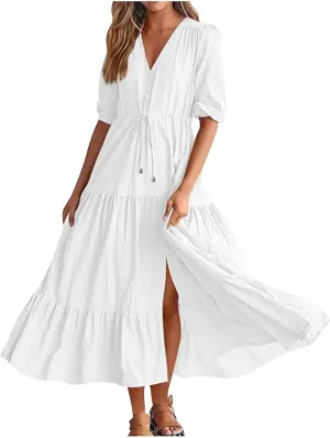 2025 Spring Summer Fashion Dress for Women Solid Color Pleated A-Line Home Dress Casual Button V-Neck Holiday Dresses