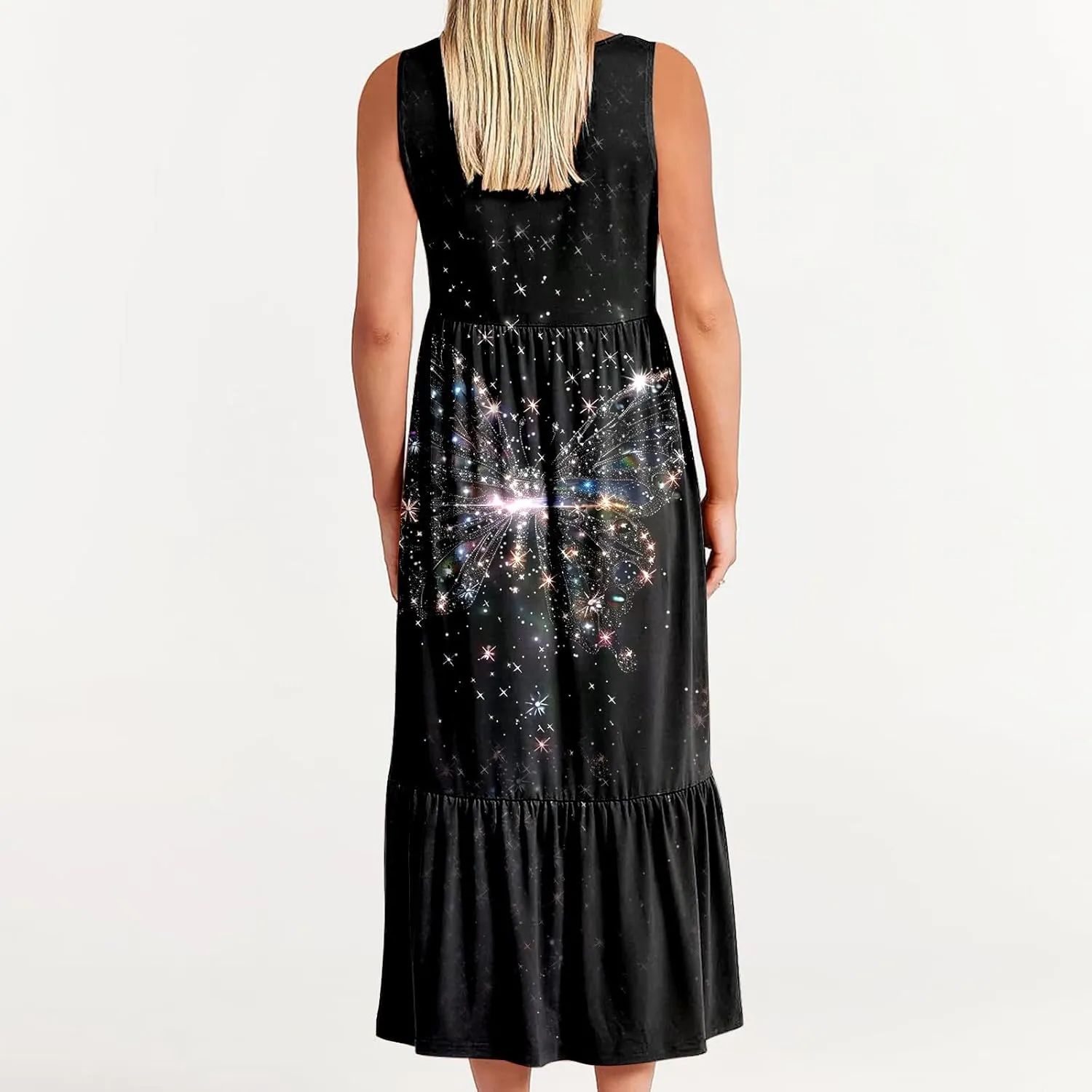 2025 Women's Floral Print Midi Dresses Casual Loose Pleated A-Line Sundress Round Neck Pocket Sleeveless Dress