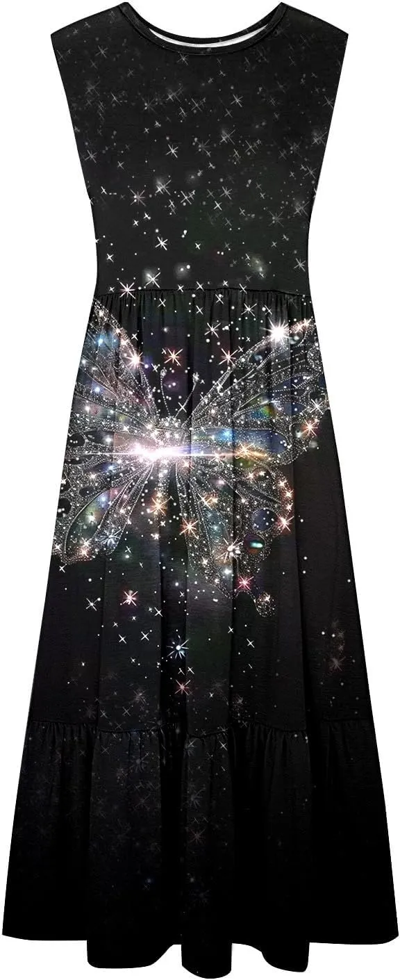 2025 Women's Floral Print Midi Dresses Casual Loose Pleated A-Line Sundress Round Neck Pocket Sleeveless Dress
