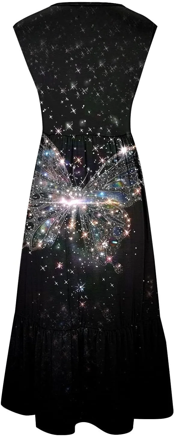 2025 Women's Floral Print Midi Dresses Casual Loose Pleated A-Line Sundress Round Neck Pocket Sleeveless Dress