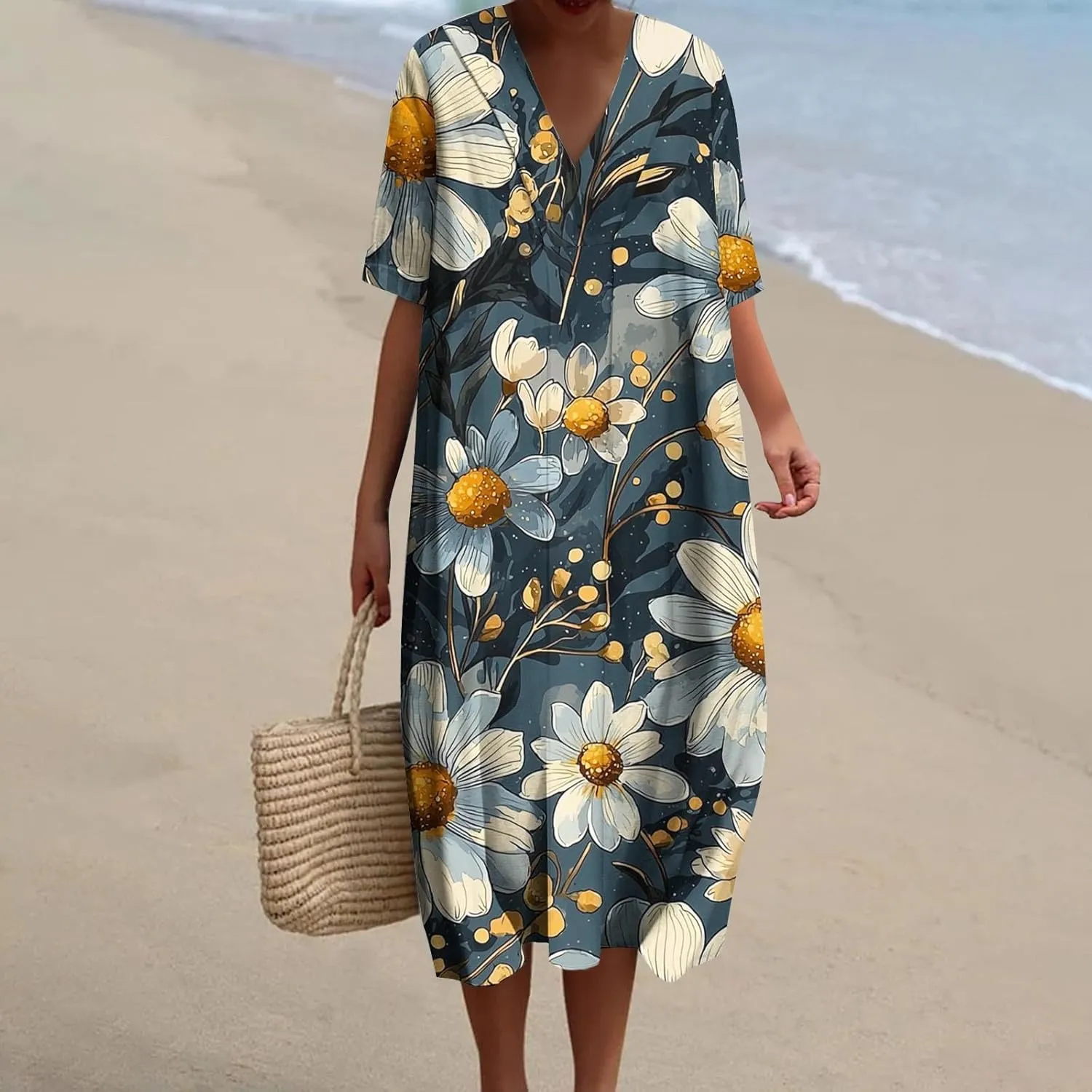 2025 Women's Spring Summer Dresses Funny Fashion Floral Printed Short Sleeve Casual V-Neck Maxi Dress