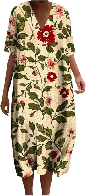 2025 Women's Spring Summer Dresses Funny Fashion Floral Printed Short Sleeve Casual V-Neck Maxi Dress