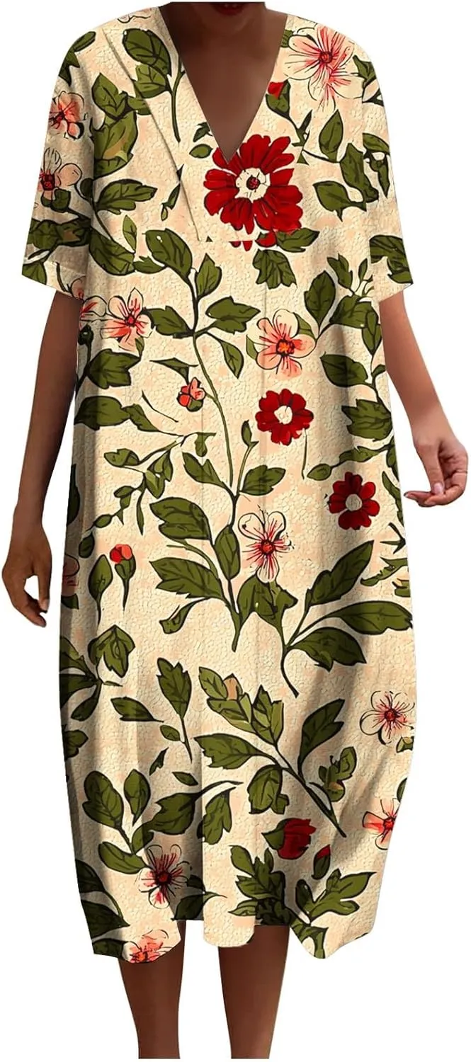 2025 Women's Spring Summer Dresses Funny Fashion Floral Printed Short Sleeve Casual V-Neck Maxi Dress
