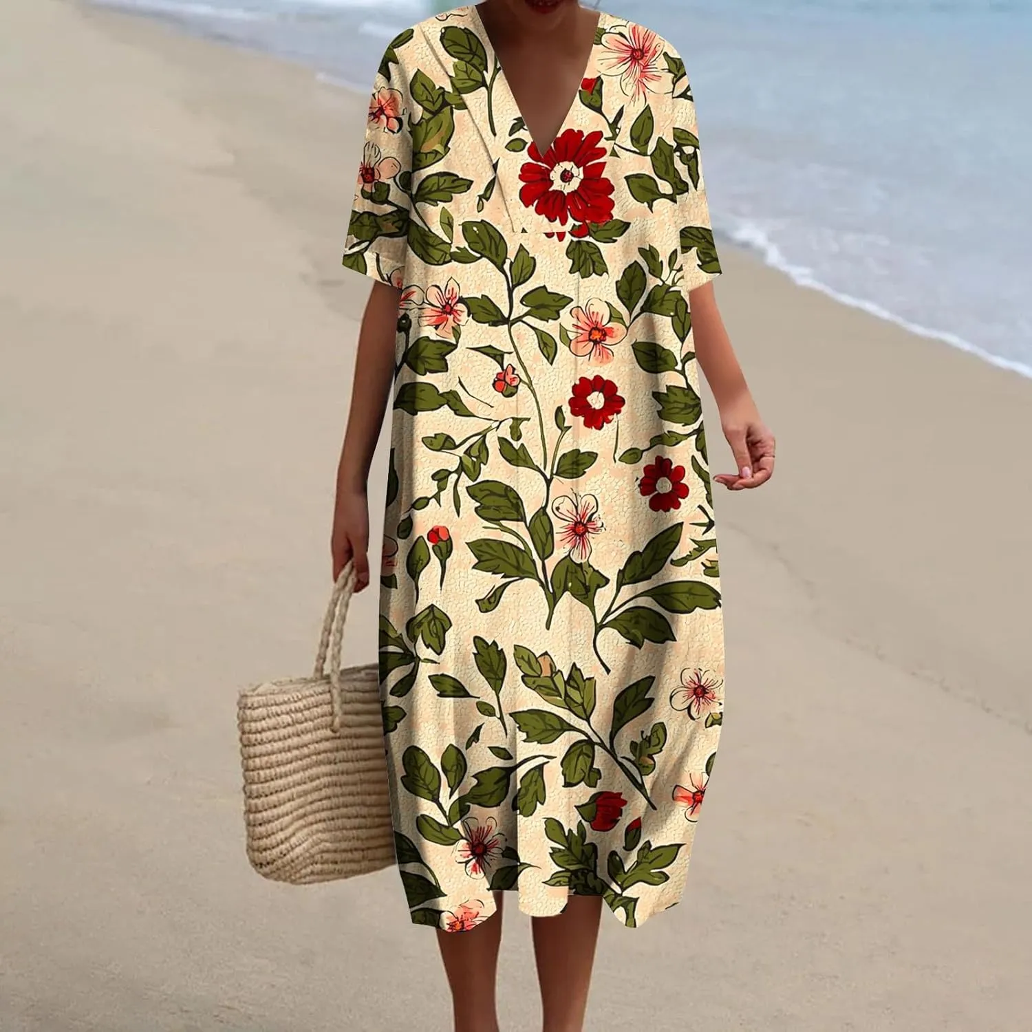 2025 Women's Spring Summer Dresses Funny Fashion Floral Printed Short Sleeve Casual V-Neck Maxi Dress