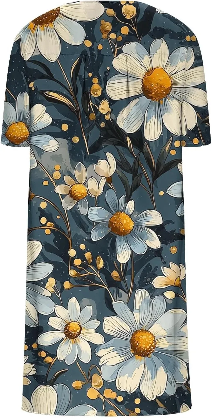 2025 Women's Spring Summer Dresses Funny Fashion Floral Printed Short Sleeve Casual V-Neck Maxi Dress