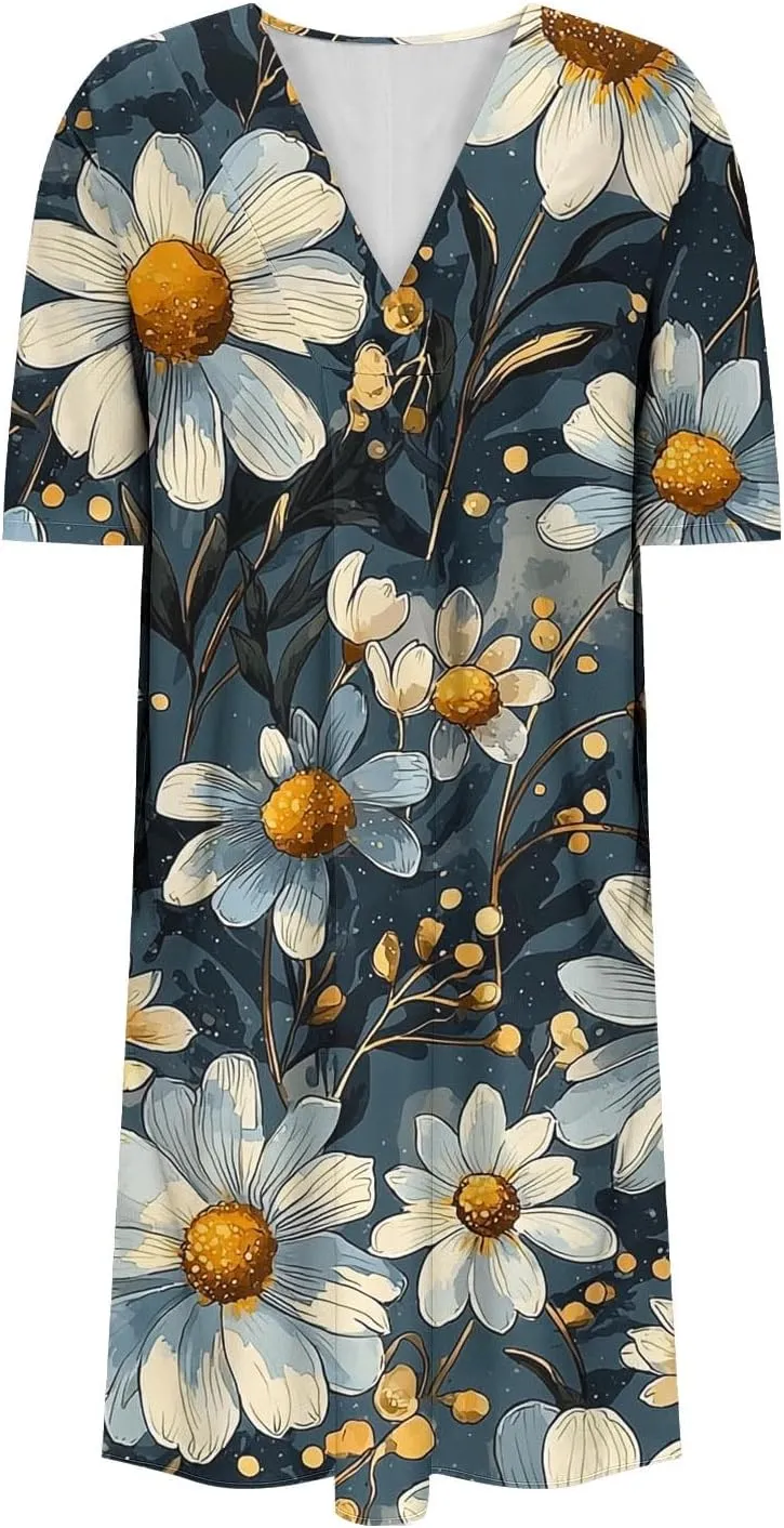 2025 Women's Spring Summer Dresses Funny Fashion Floral Printed Short Sleeve Casual V-Neck Maxi Dress