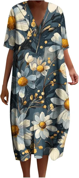 2025 Women's Spring Summer Dresses Funny Fashion Floral Printed Short Sleeve Casual V-Neck Maxi Dress